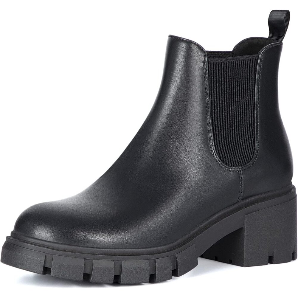 Women's Black Chelsea Boots Fashion Lug Sole Chunky Heel Slip On Elastic Ankle